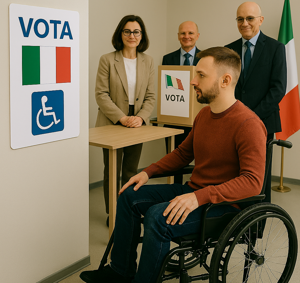 un disabile in carrozzina davanti ad un seggio elettorale accessibile