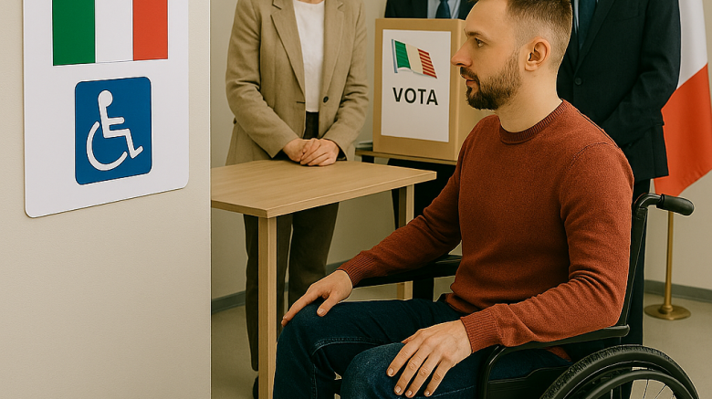 un disabile in carrozzina davanti ad un seggio elettorale accessibile